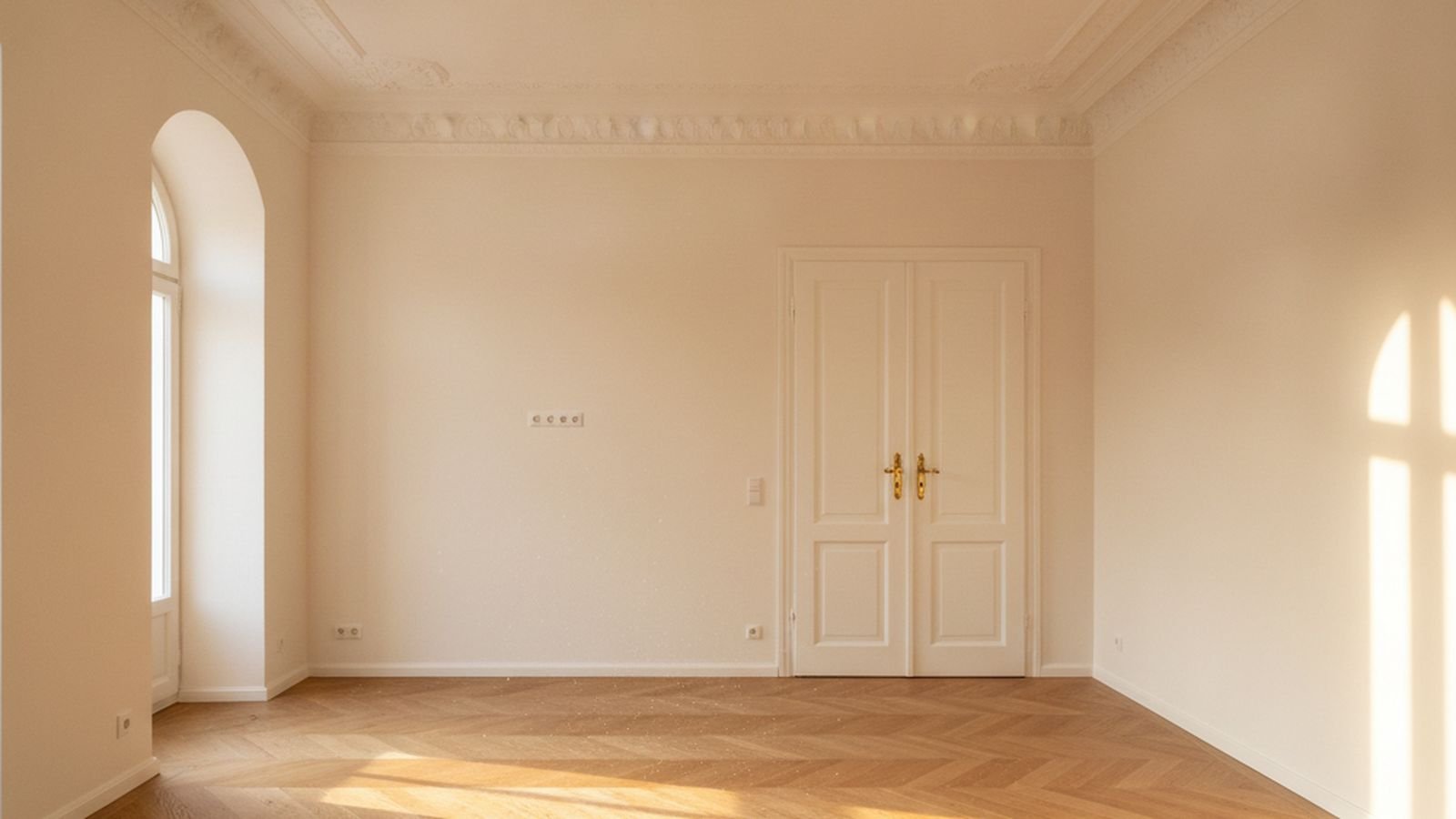 Renoviertes Altbauzimmer mit Stuckdecke, Flügeltür und warmem Abendlicht