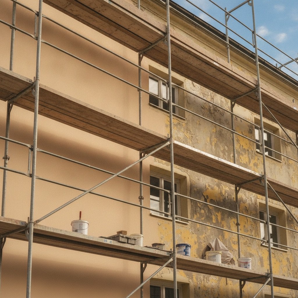 Eingerüstete Hausfassade während des Fassadenanstrichs, links die bereits gestrichene Fläche, Symbolbild
