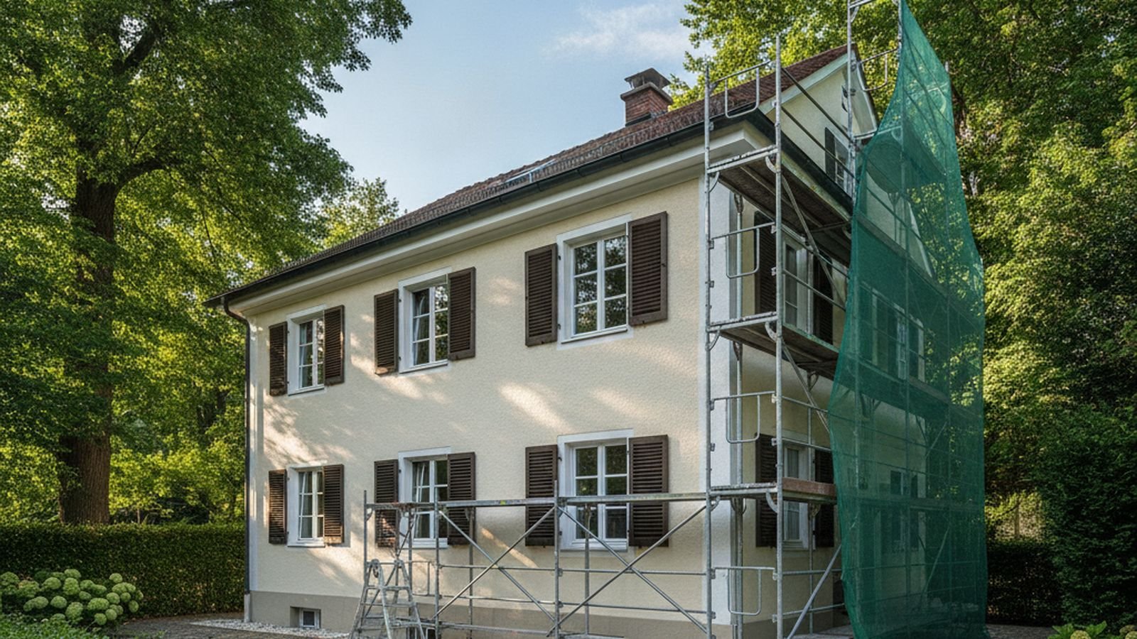 Frisch gestrichene helle Hausfassade mit Gerüst im Münchner Vorort