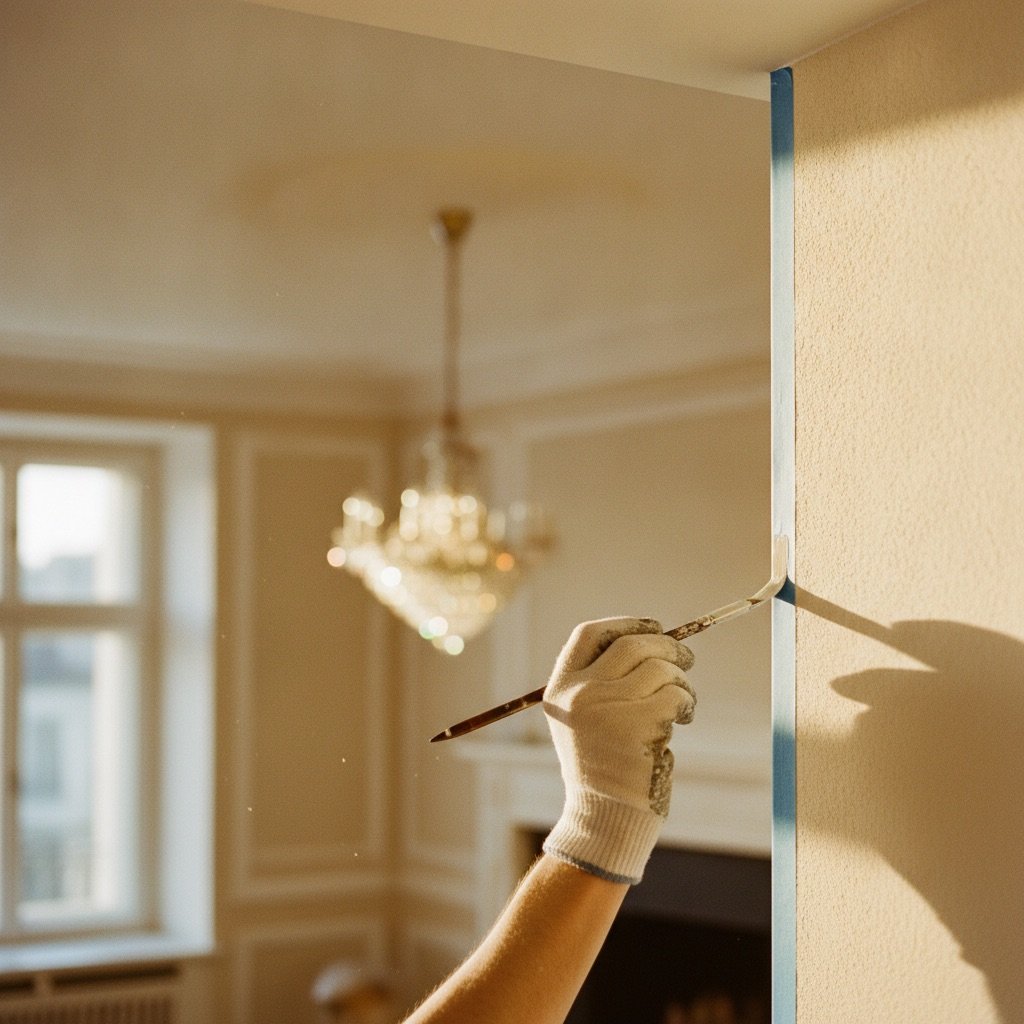 Maler zieht mit dem Pinsel eine saubere Kante an einer Wand in einem Altbauzimmer, Symbolbild