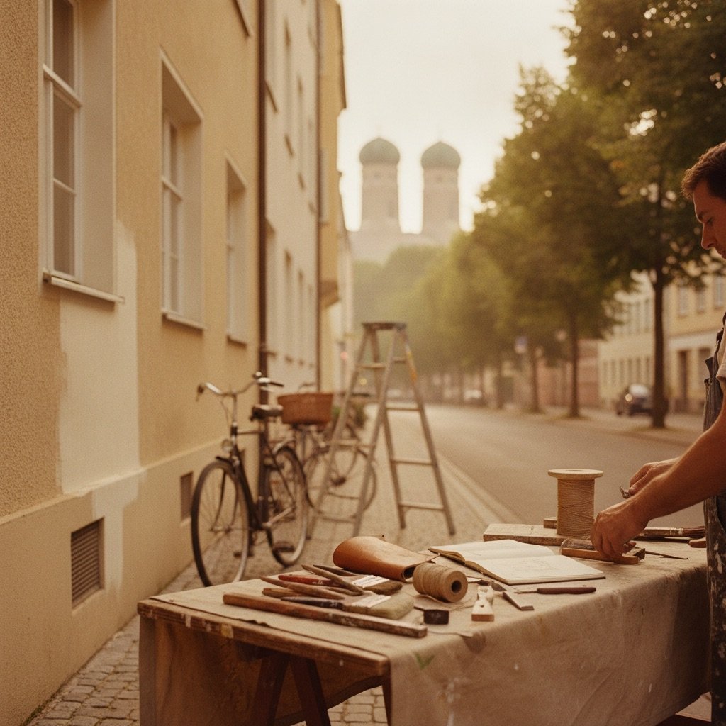 Arbeitstisch eines Malers an einer Münchner Straße, im Hintergrund die Türme der Frauenkirche, Symbolbild