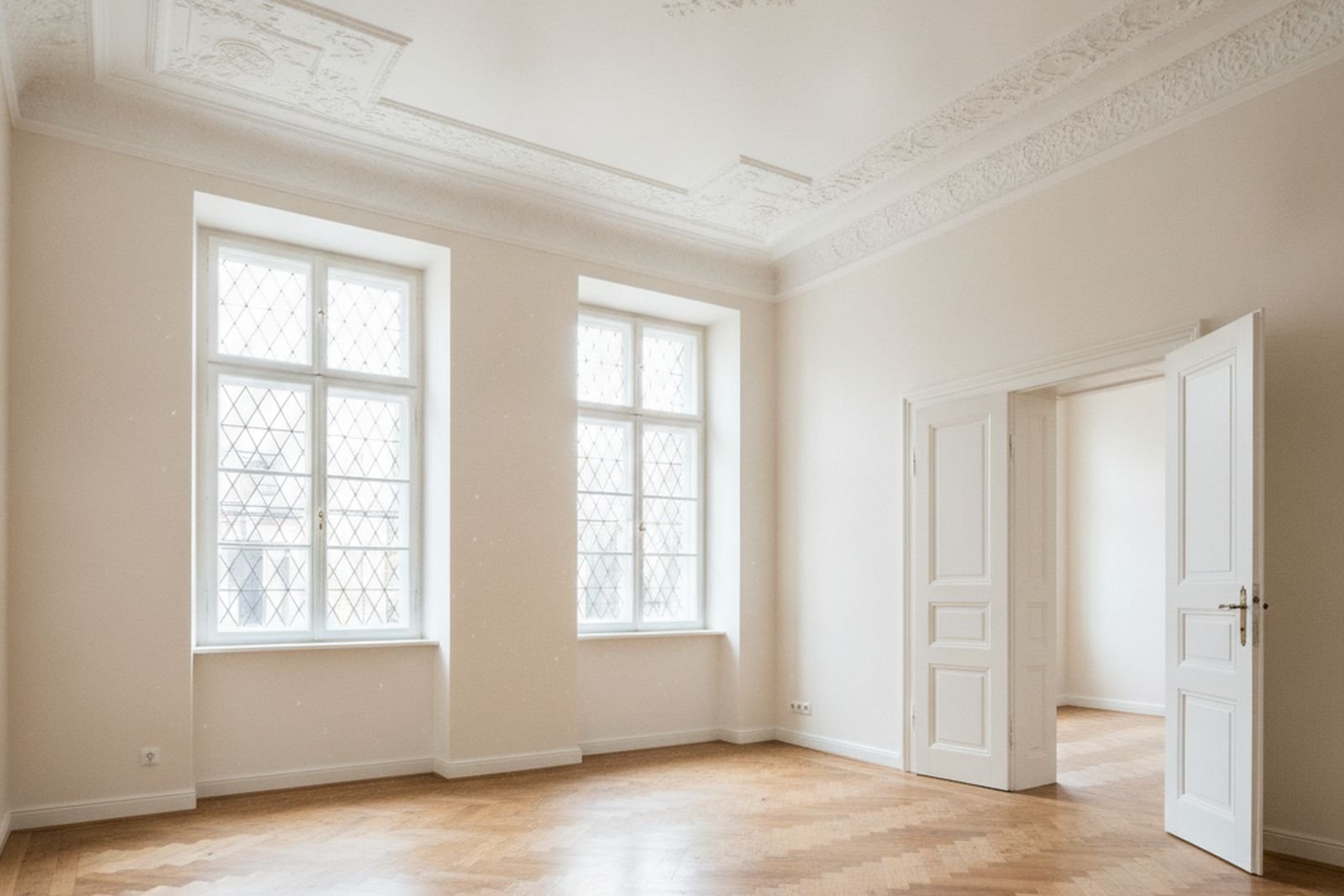 Altbauzimmer mit aufgearbeiteter Stuckdecke und Flügeltür nach der Renovierung