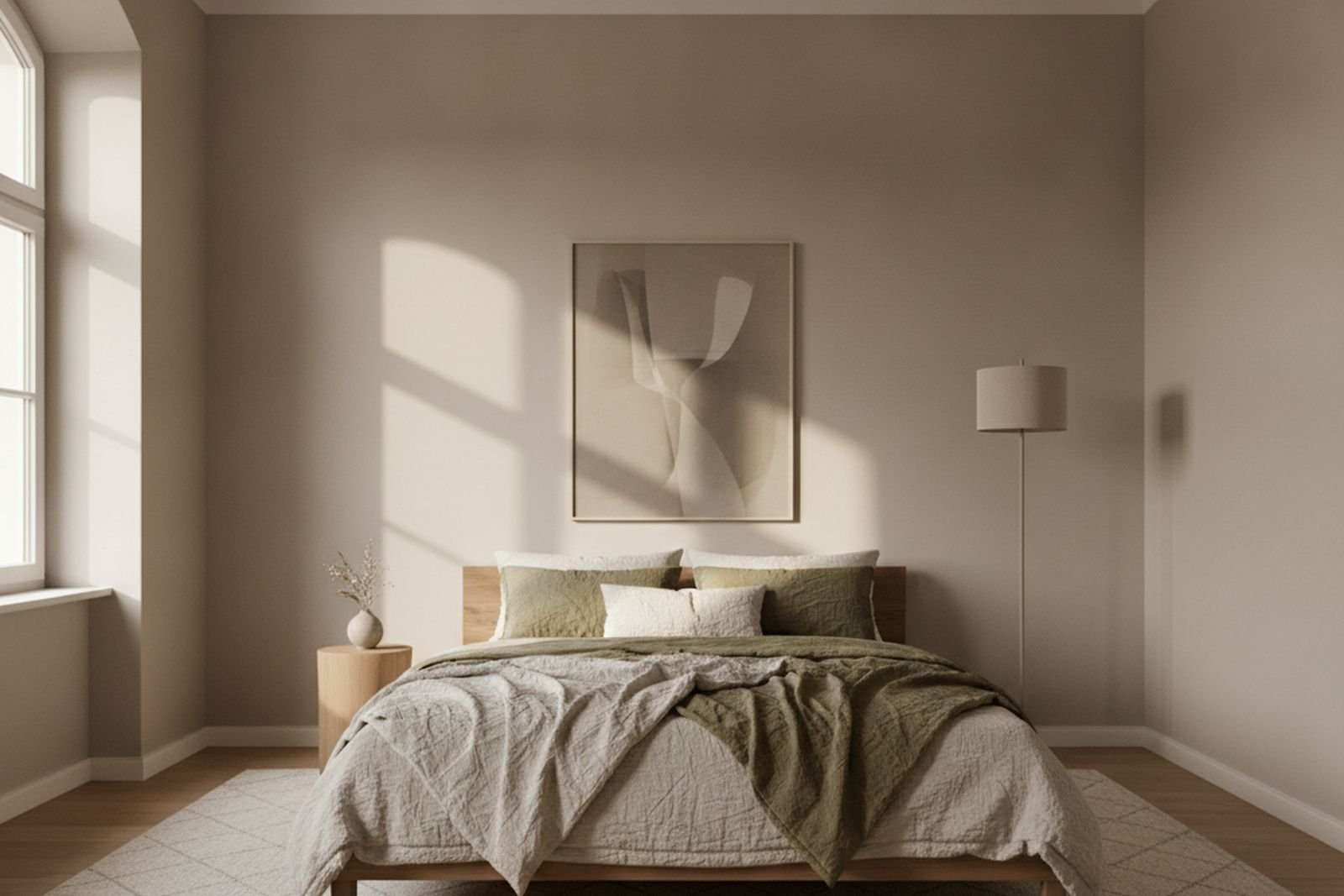 Schlafzimmer mit fein gespachtelter Wand und sanftem Morgenlicht
