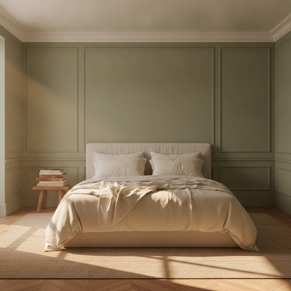 Schlafzimmer mit gestrichenen Wandpaneelen in Salbeigrün