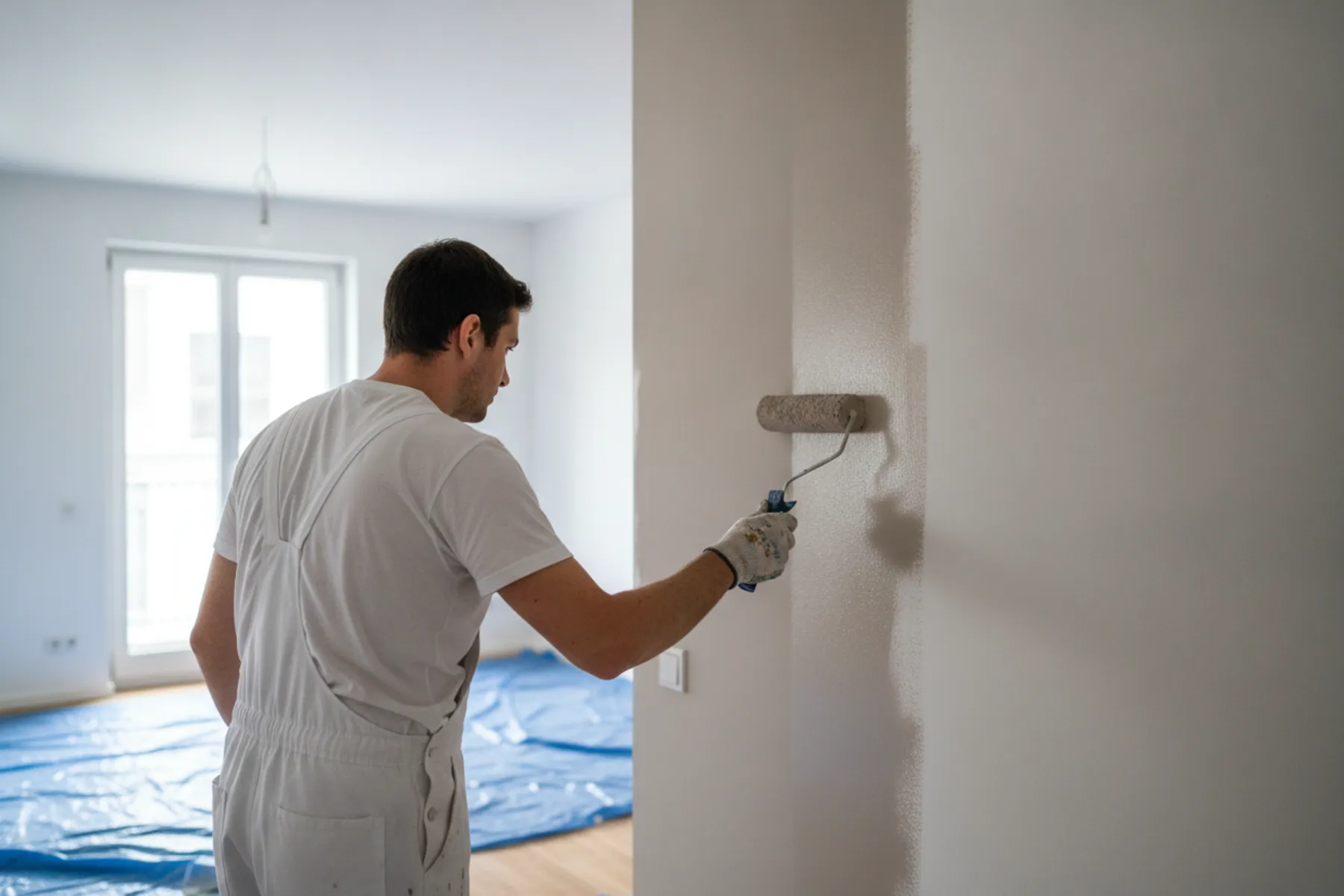 Malermeister bei sorgfältiger Arbeit an einer Innenwand